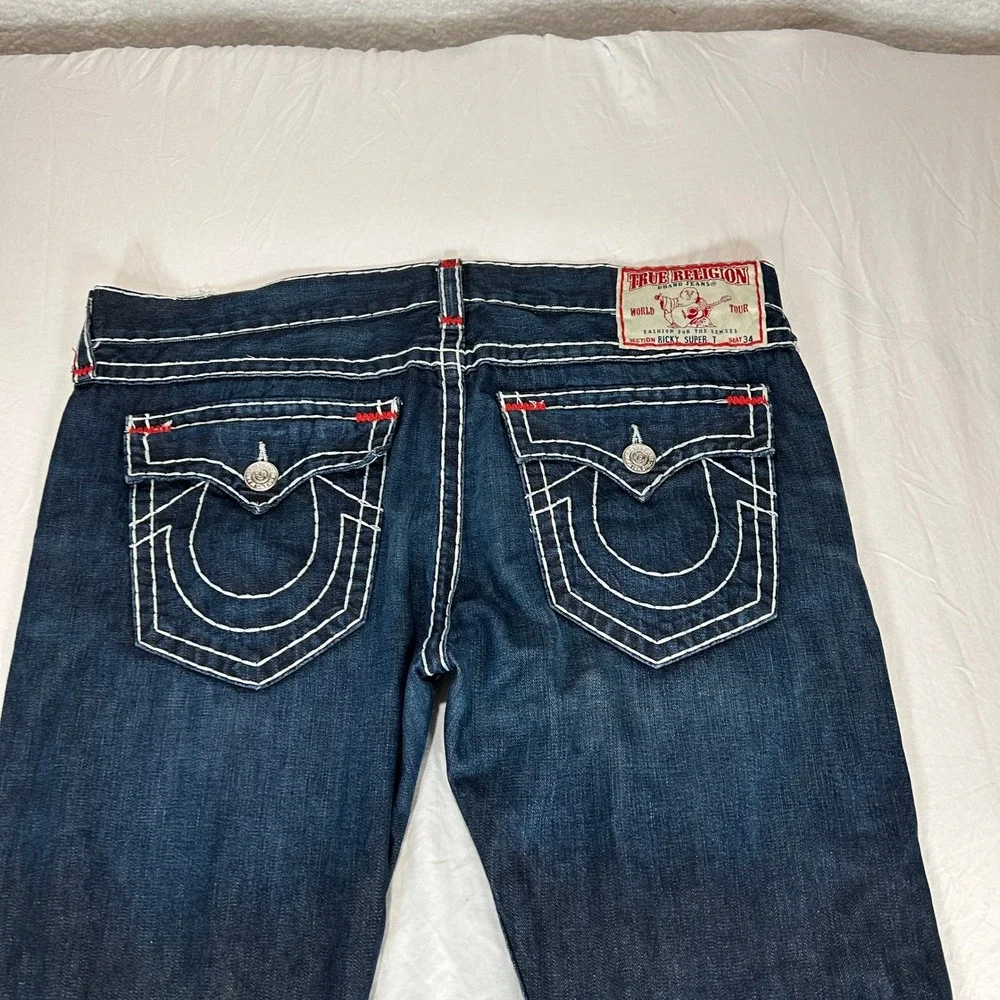 True Religion Ricky Super T Mens 40 Dark Wash Contrast Stitch Straight Jeans USA